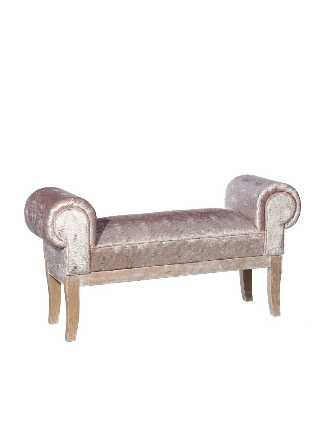 Banqueta con brazos y estructura de madera tapizada en tela oro o plata.