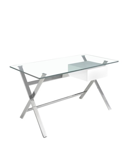 Escritorio madera blanca y acero cromado con tapa de cristal templado