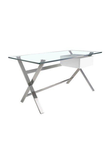 Escritorio madera blanca y acero cromado con tapa de cristal templado