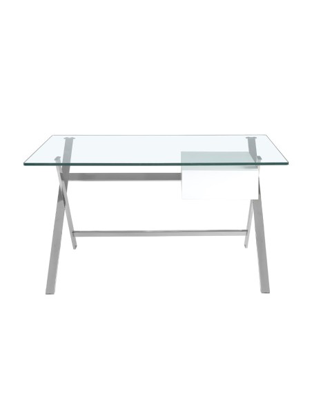 Escritorio madera blanca y acero cromado con tapa de cristal templado