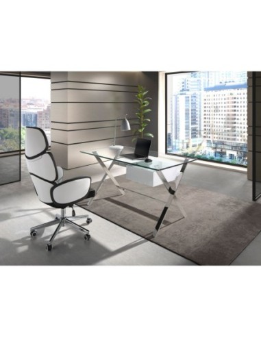 Escritorio madera blanca y acero cromado con...