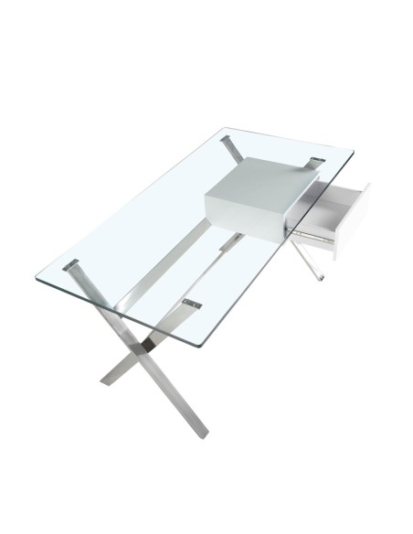 Escritorio madera blanca y acero cromado con tapa de cristal templado