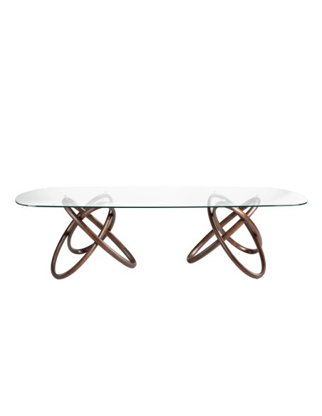 Mesa comedor ovalada medio punto cristal templado y nogal