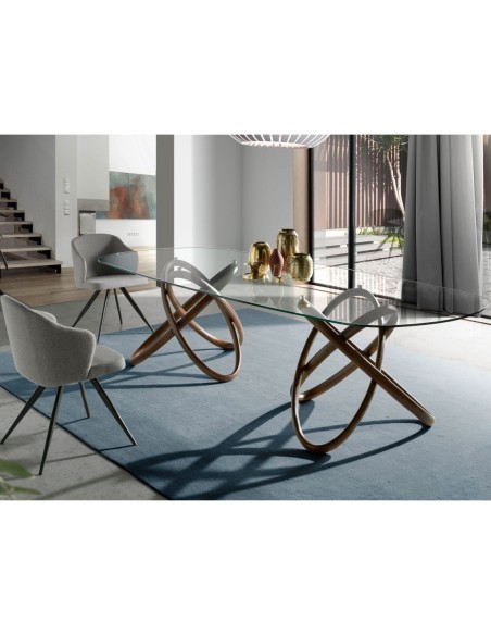 Mesa comedor ovalada medio punto cristal templado y nogal