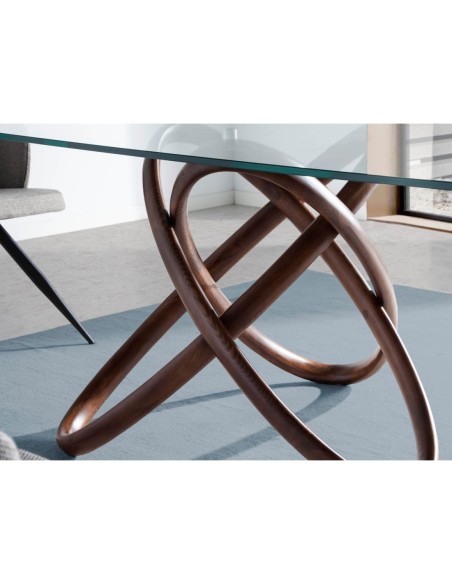 Mesa comedor ovalada medio punto cristal templado y nogal