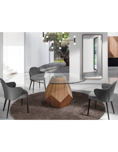 Mesa comedor redonda cristal templado y nogal