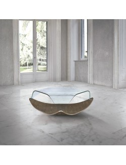 Mesa de centro moderna redonda de madera de nogal y tapa de cristal.