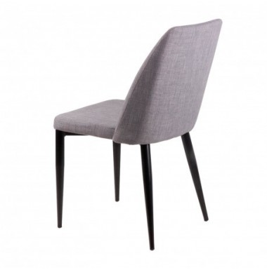 Silla con asiento y respaldo tapizado en color gris o beige, estructura de acero y patas negro.
