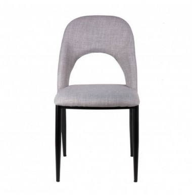 Silla de asiento y respaldo tapizado en color gris o beige, estructura  y patas de acero negro.