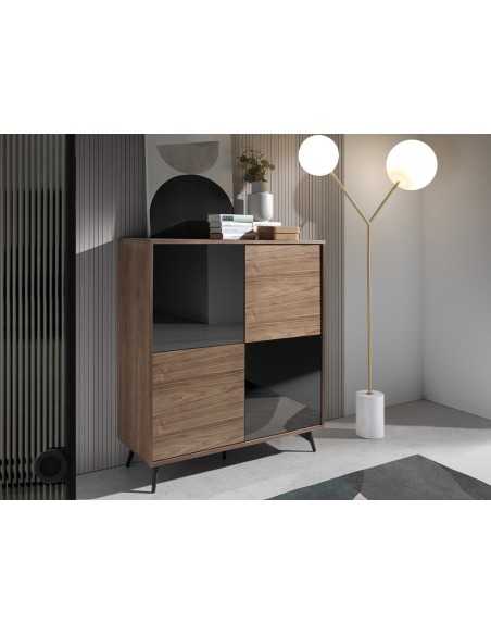 Aparador alto cristal negro efecto espejo, nogal y acero negro