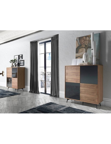 Aparador alto cristal negro efecto espejo, nogal y acero negro