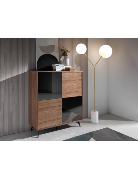 Aparador alto cristal negro efecto espejo, nogal y acero negro