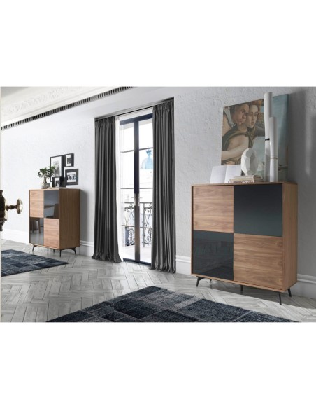 Aparador alto cristal negro efecto espejo, nogal y acero negro