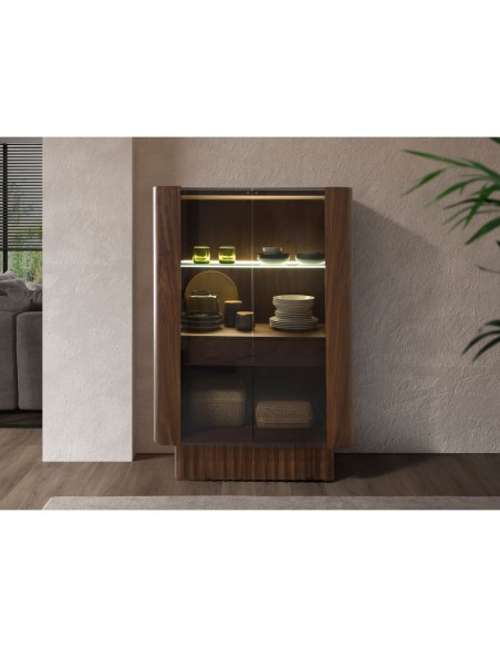 Aparador alto cristal templado, nogal con iluminación interior