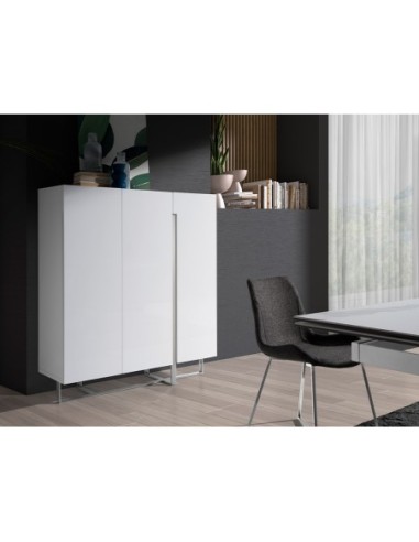 Aparador alto madera blanco y acero cromado