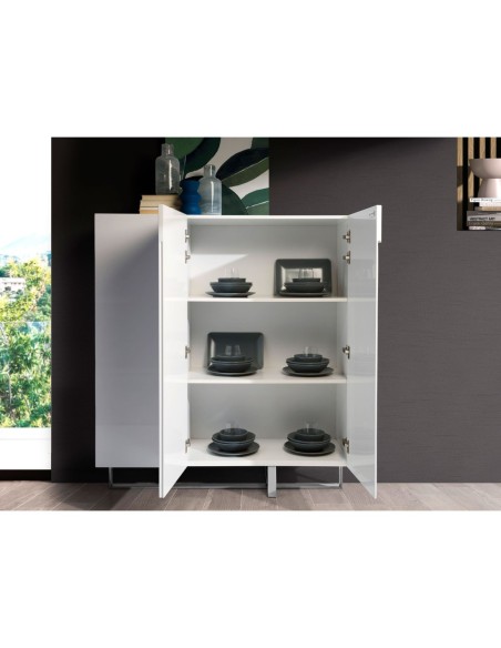 Aparador alto madera blanco y acero cromado