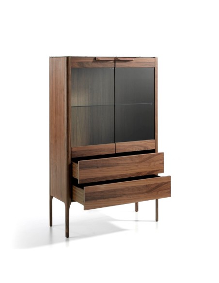 Aparador alto nogal con tapa de cristal imitación mármol e iluminación interior