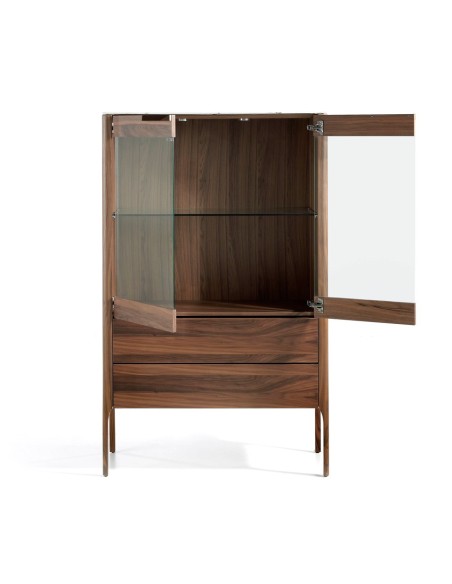 Aparador alto nogal con tapa de cristal imitación mármol e iluminación interior