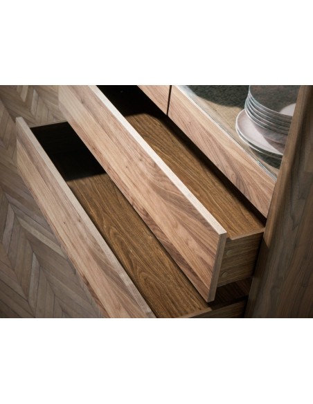 Aparador alto nogal con tapa de cristal imitación mármol e iluminación interior