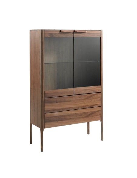 Aparador alto nogal con tapa de cristal imitación mármol e iluminación interior