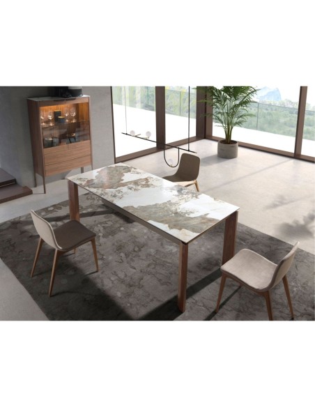 Aparador alto nogal con tapa de cristal imitación mármol e iluminación interior