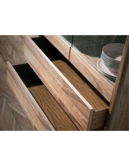 Aparador alto nogal con tapa de cristal imitación mármol e iluminación interior