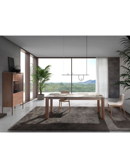 Aparador alto nogal con tapa de cristal imitación mármol e iluminación interior