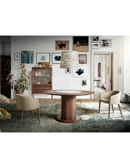 Aparador alto nogal con tapa de cristal imitación mármol e iluminación interior