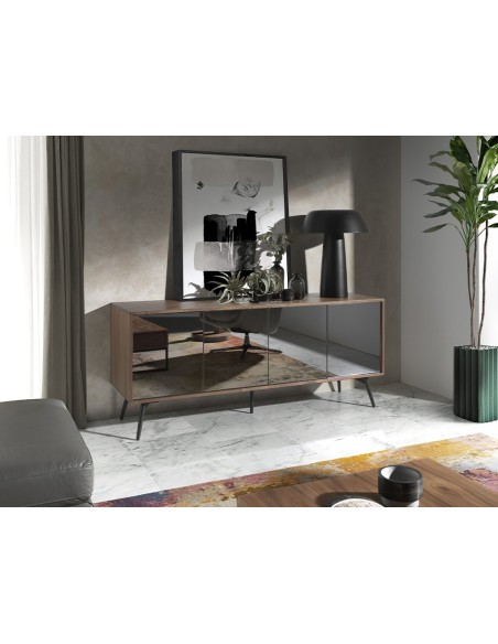 Aparador cristal negro efecto espejo, nogal y acero negro