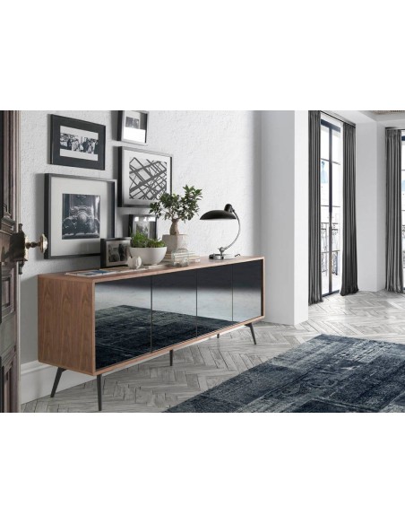 Aparador cristal negro efecto espejo, nogal y acero negro