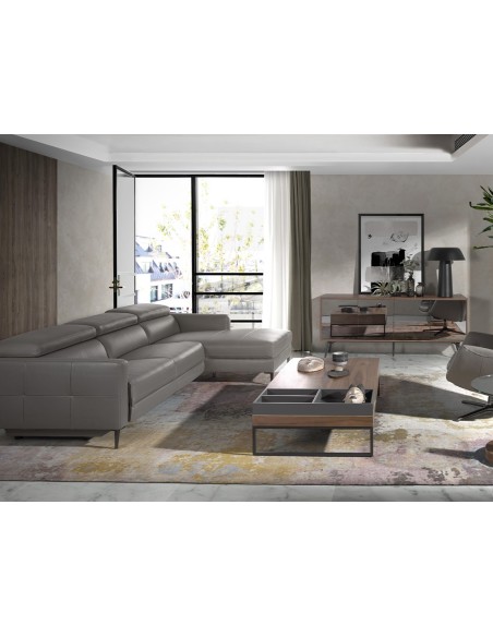 Aparador cristal negro efecto espejo, nogal y acero negro