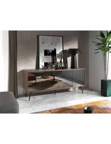 Aparador cristal negro efecto espejo, nogal y...