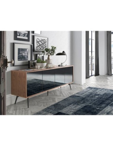 Aparador cristal negro efecto espejo, nogal y...