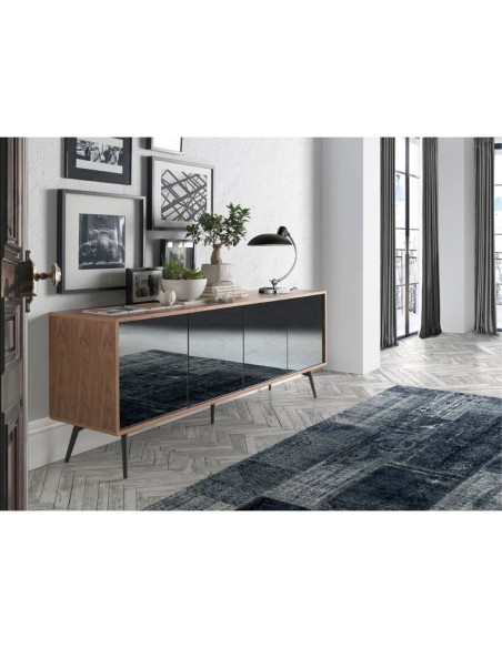 Aparador cristal negro efecto espejo, nogal y acero negro