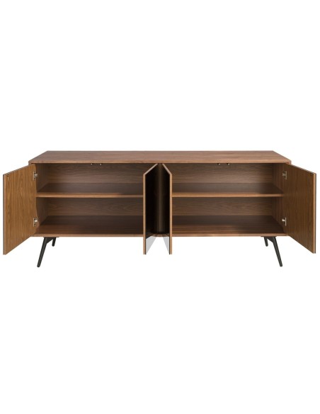 Aparador cristal negro efecto espejo, nogal y acero negro