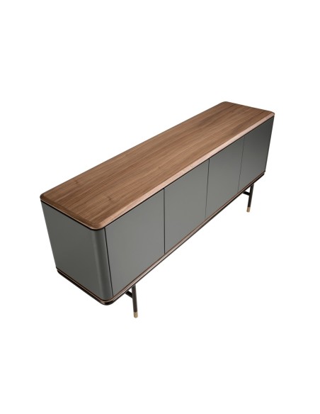 Aparador madera gris oscuro, acero negro y tapa de nogal