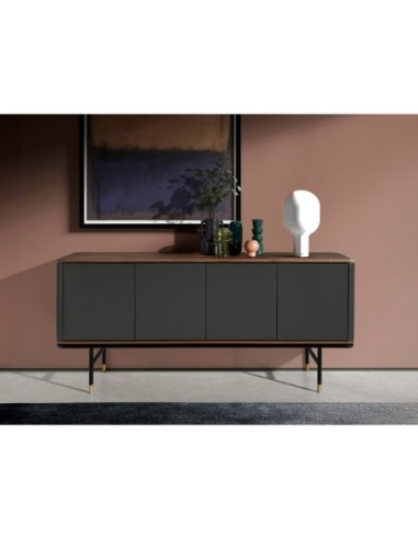 Aparador madera gris oscuro, acero negro y tapa...