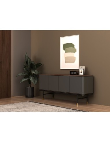 Aparador madera gris oscuro, acero negro y tapa...