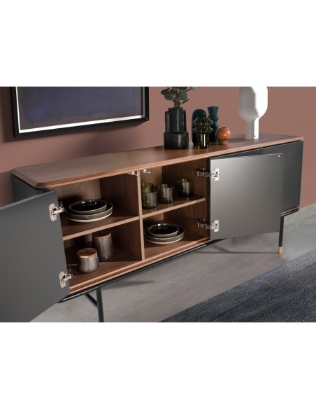 Aparador madera gris oscuro, acero negro y tapa de nogal