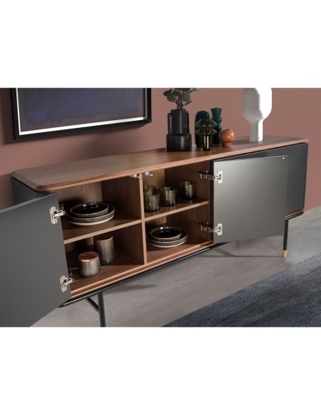 Aparador madera gris oscuro, acero negro y tapa de nogal