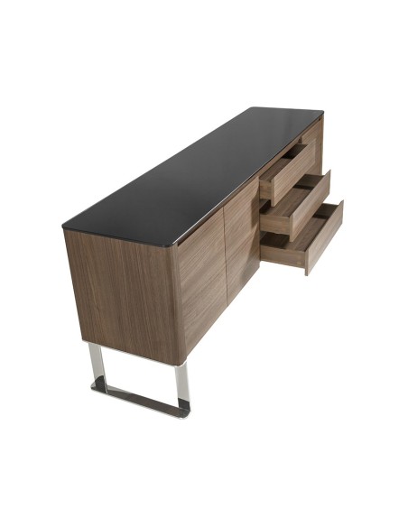 Aparador nogal, acero cromado y tapa de cristal negro