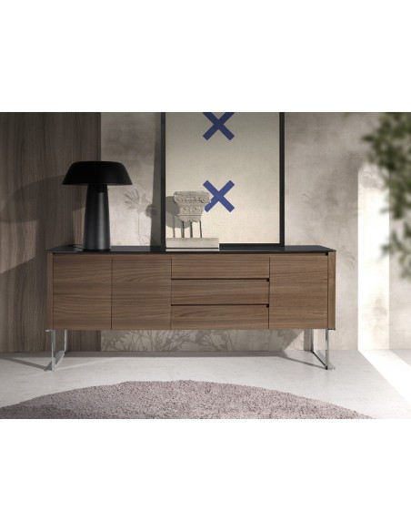 Aparador nogal, acero cromado y tapa de cristal negro