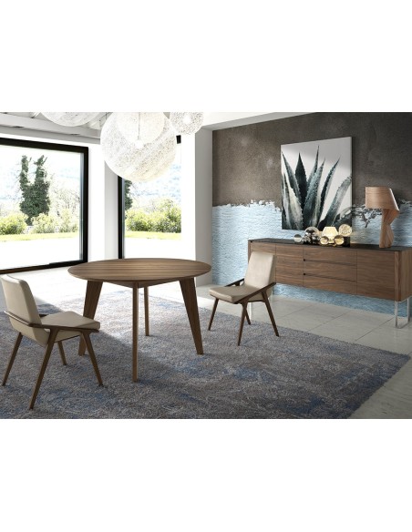 Aparador nogal, acero cromado y tapa de cristal negro