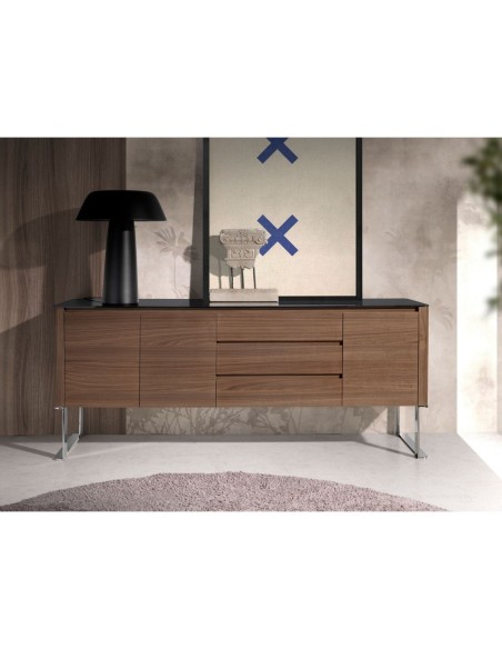 Aparador nogal, acero cromado y tapa de cristal negro