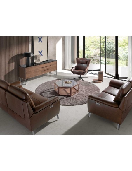 Aparador nogal, acero cromado y tapa de cristal negro