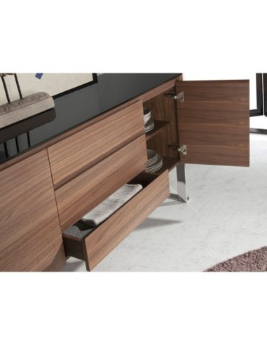 Aparador nogal, acero cromado y tapa de cristal...