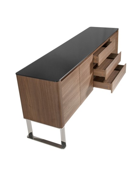 Aparador nogal, acero cromado y tapa de cristal negro