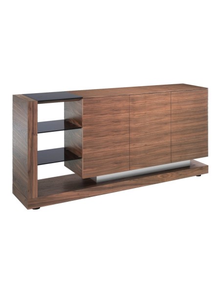 Aparador nogal, acero pulido y tapa de cristal negro