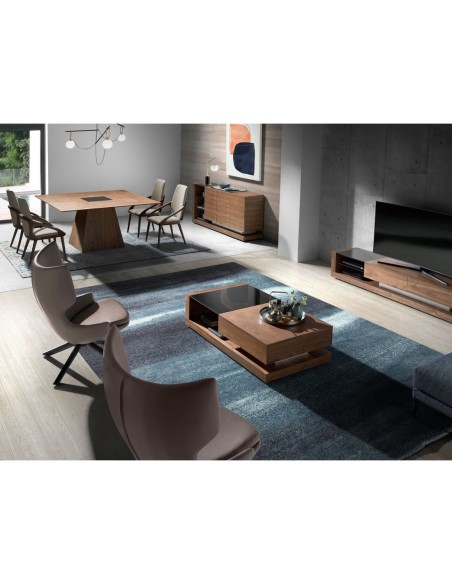 Aparador nogal, acero pulido y tapa de cristal negro