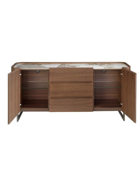 Aparador nogal, acero visón metal y tapa de mármol porcelánico